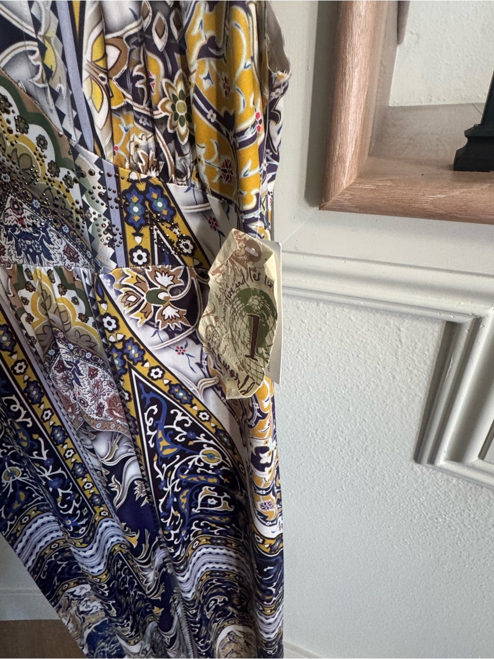 ONE WORLD Navy and Gold Paisley Crochet-Accent Maxi Dress - Picture 3 of 8
